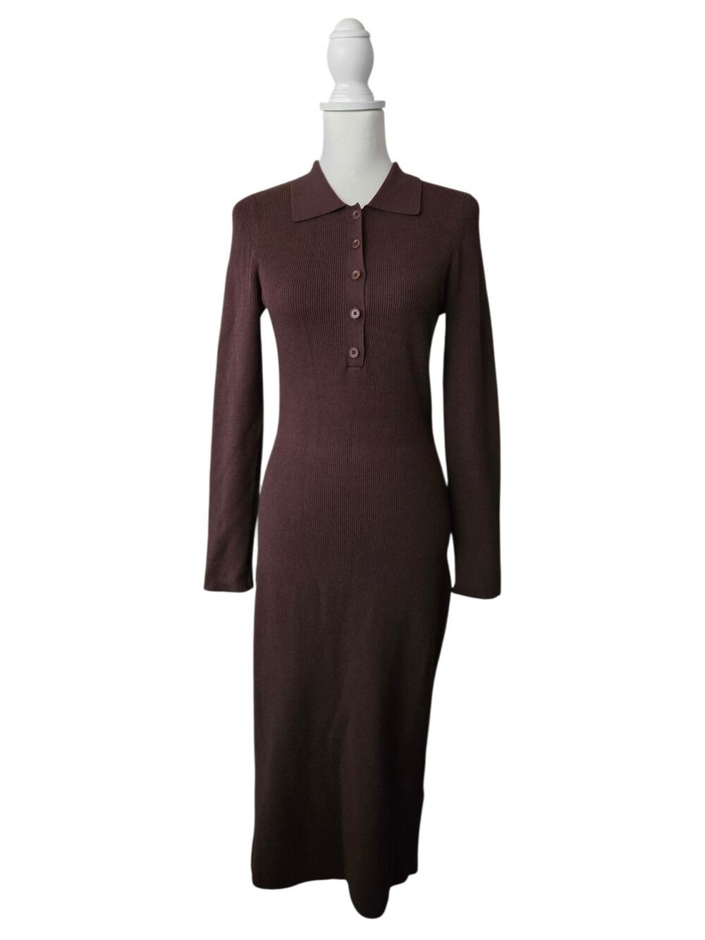 Minimalist Babaton Ribbed Knit Long Sleeve Midi Sweater Dress M Brown Capsule